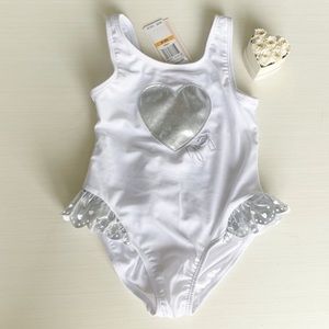 🆕 Juicy Couture White & Silver Heart Logo With Ruffles Girls One Piece Swimsuit